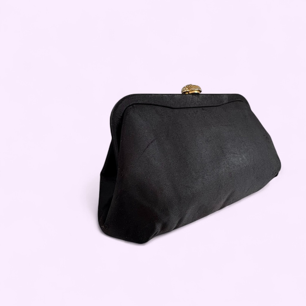 1950s Black Satin Clutch Rhinestone Gold Clasp - Picture 5 of 10